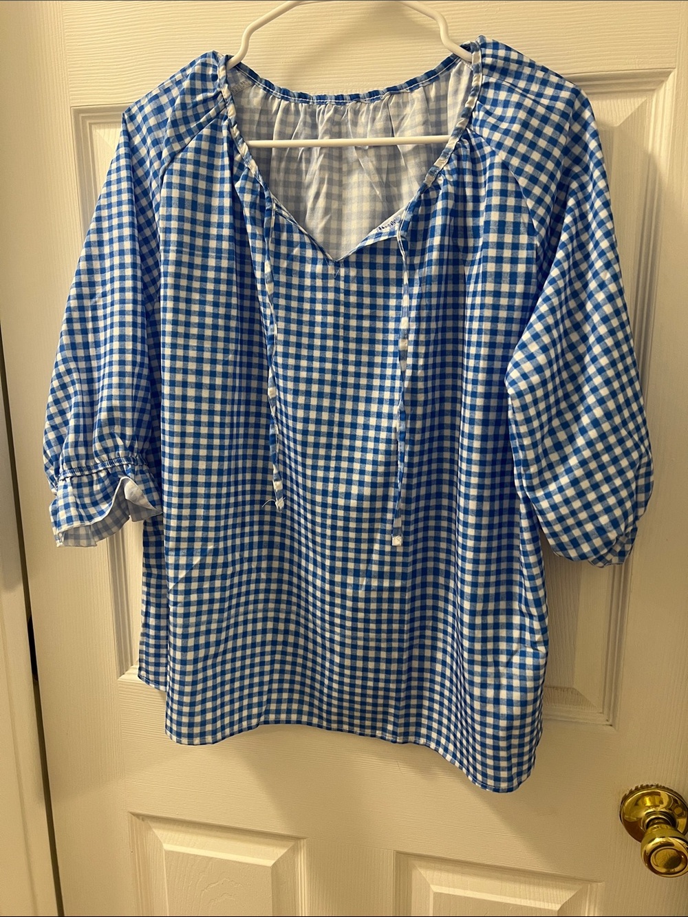 Blue Gingham Peasant Tunic with Tie Neck